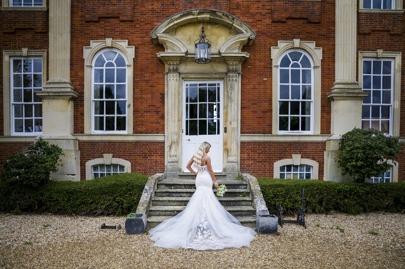 Bride with dress at Chicheley Hall